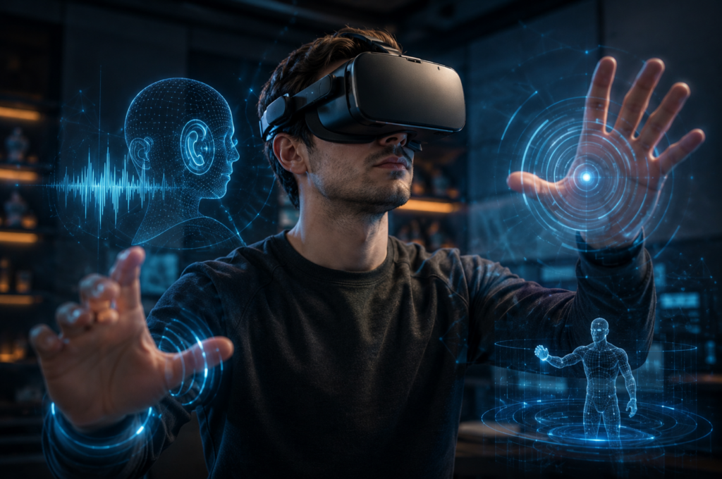 Spatial Audio and Haptic Feedback: Recreating Sensory Pressure – VR casino player experiencing immersive spatial audio, haptic feedback and realistic virtual gaming interaction