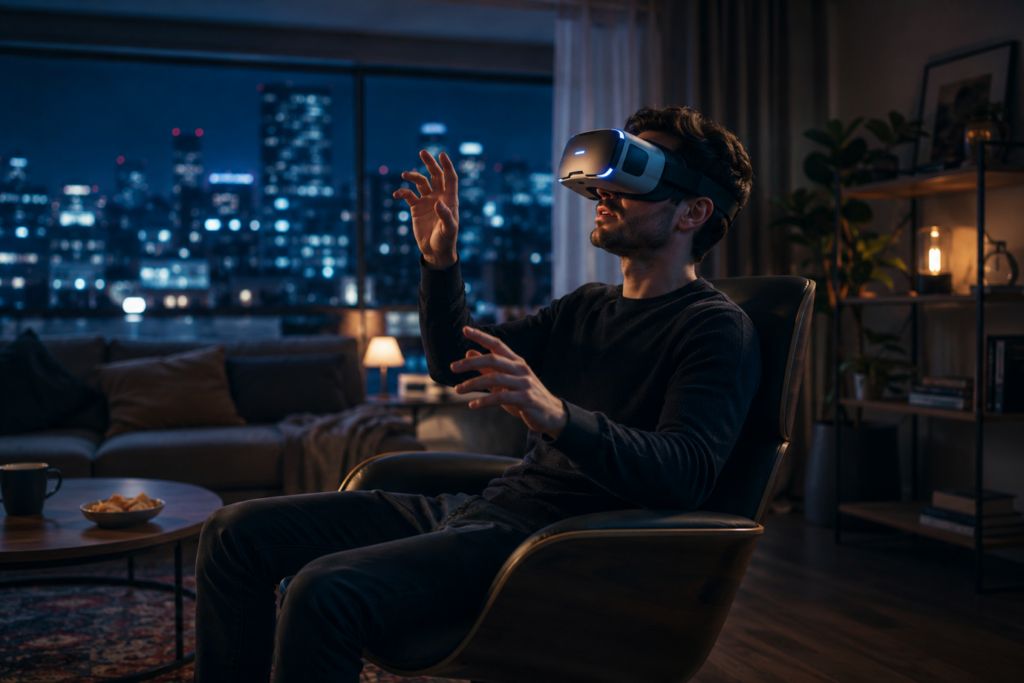 What's Next for VR in High Stakes Contexts – person using a standalone VR headset at home to explore the future of online casino and immersive gaming technology